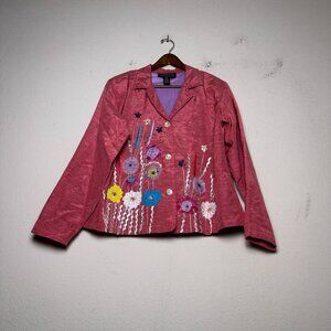 Alex Ku Sweater Women 2X Shoulder Pads Pink Floral Pattern Embellished Preppy